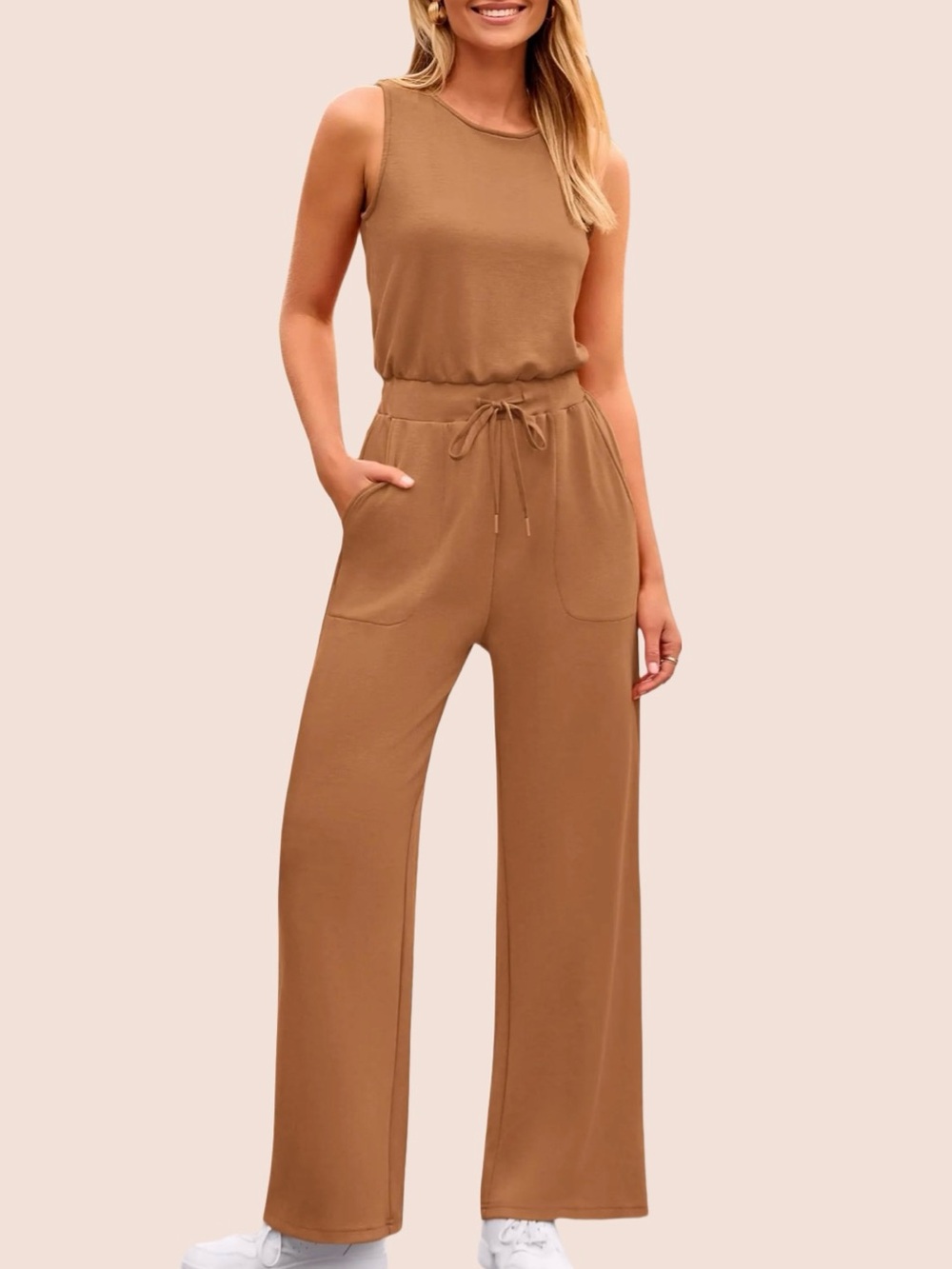 PrettyGarden Sleeveless Wide-Leg Jumpsuit in Camel SZ M